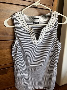 Talbots Navy & White Striped Tank with Beaded V-Neck